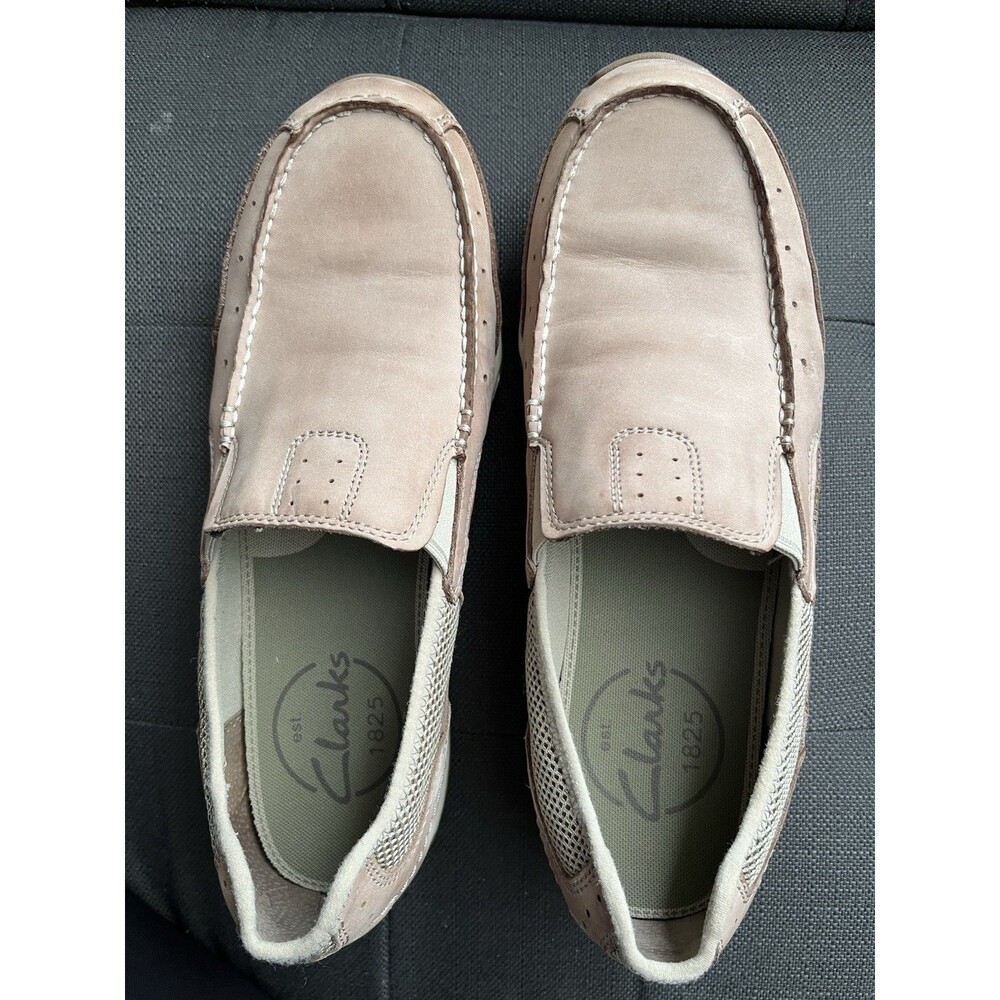 Clarks Men’s Sz 10 Taupe Leather & Mesh Slip-On Loafers Gorpcore Everyday Casual